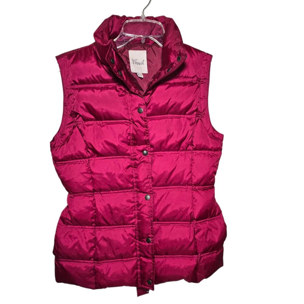 Fossil Down Puffer Vest Womens Sz S Cranberry Red Full Zip and Snap Closure